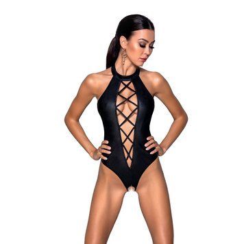 Боди из эко-кожи с имитацией шнуровки и открытым доступом Passion NANCY BODY S/M, black SO5371 фото