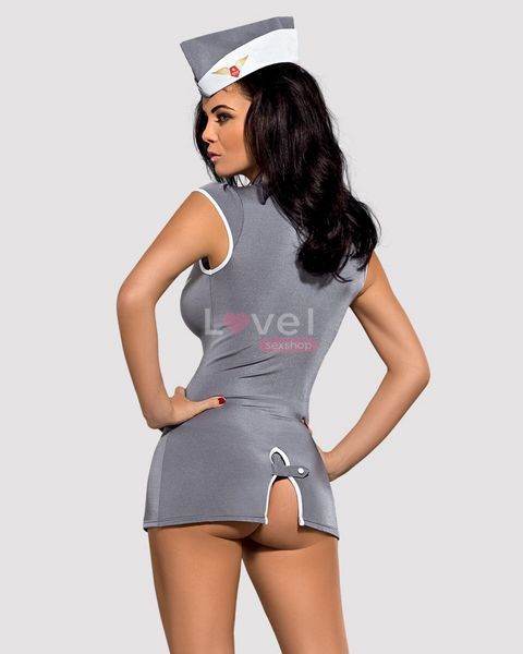 Еротичний костюм стюардеси Obsessive Stewardess 3 pcs grey S/M, сірий, сукня, стрінги, пілотка SO7308 фото
