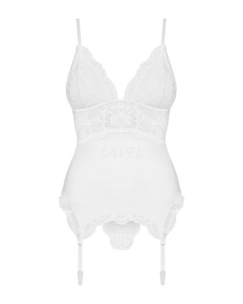 Сатиновий мереживний корсет Obsessive 810-COR-2 babydoll & thong S/M, білий, корсет, танга SO7158 фото