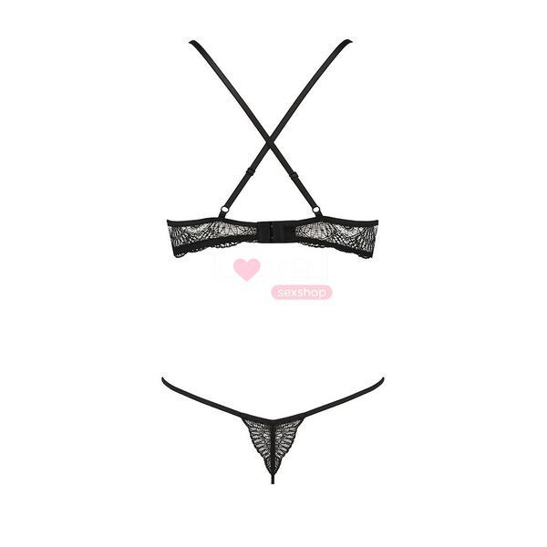 Комплект білизни Passion Exclusive QUENTRIS BIKINI S/M, black, стрінги і напіввідкритий ліф PS26602 фото