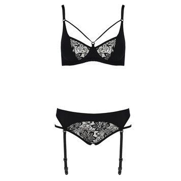Комплект білизни Passion PAULINE SET S/M, black, стрепи, ліф, стрінги і пояс для панчох EL15805 фото