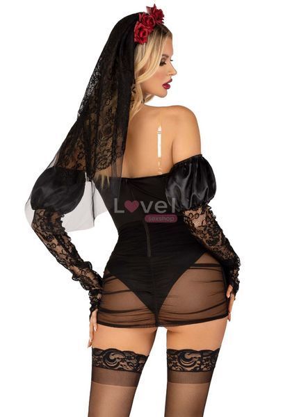 Эротический костюм черной невесты Leg Avenue Heartbreak Bride S, боди, рукава, вуаль, чокер SO9208 фото