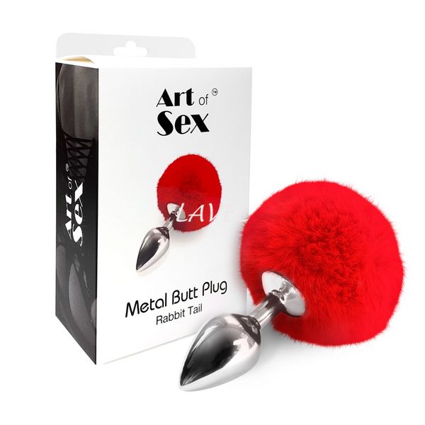 Металевий анальний затор М Art of Sex - Metal Butt plug Rabbit Tail, Червоний SO6963 фото