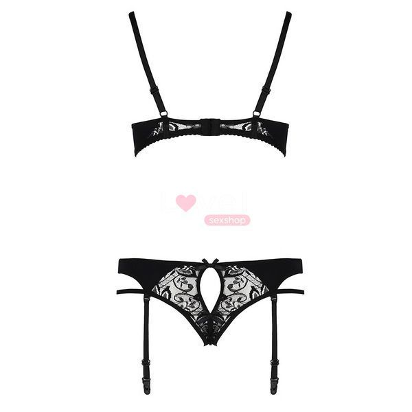 Комплект белья Passion PAULINE SET XXL/XXXL, black, стрэпы, лиф, стринги и пояс для чулок EL15806 фото