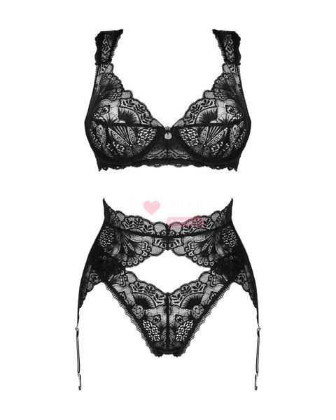 Комплект білизни Obsessive Donna Dream 3-pcs set XL/2XL Black, бюстгальтер, стрінги, пояс для панчіх SO8638 фото
