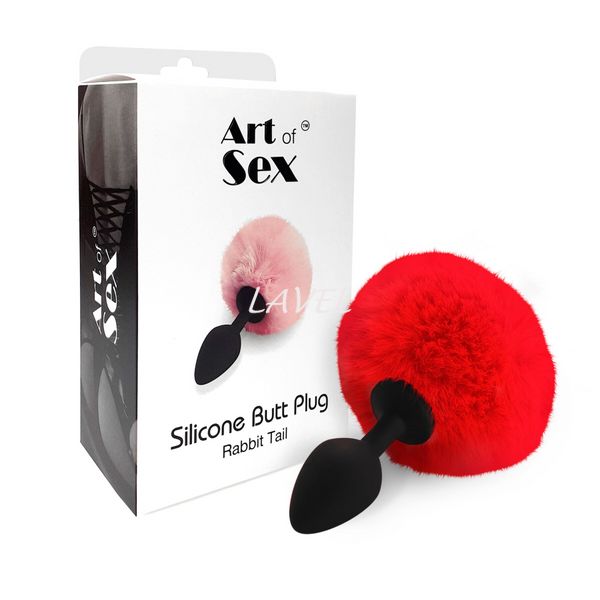 Силіконова анальна пробка М Art of Sex - Silicone Bunny Tails Butt plug Red, діаметр 3,5 см SO6964 фото