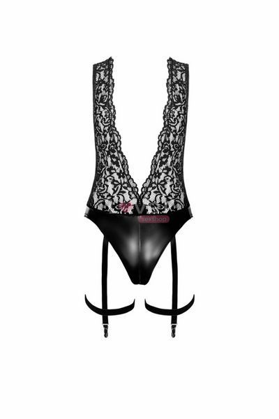 Боди Noir Handmade F297 Libido Deep-V bodysuit with collar, pearl chain and garter - S SX0219 фото