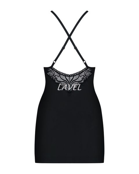Сатиновый комплект для сна с кружевом Obsessive 828-CHE-1 chemise & thong S/M, черный, сорочка, стри SO7171 фото