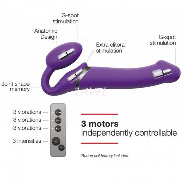 Безремневой страпон с вибрацией Strap-On-Me Vibrating Violet L, диам. 3,7см, пульт ДУ, регулируемый SO3826 фото