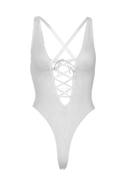 Кружевное боди Leg Avenue Floral lace thong teddy White, шнуровка на груди, one size SO7963 фото