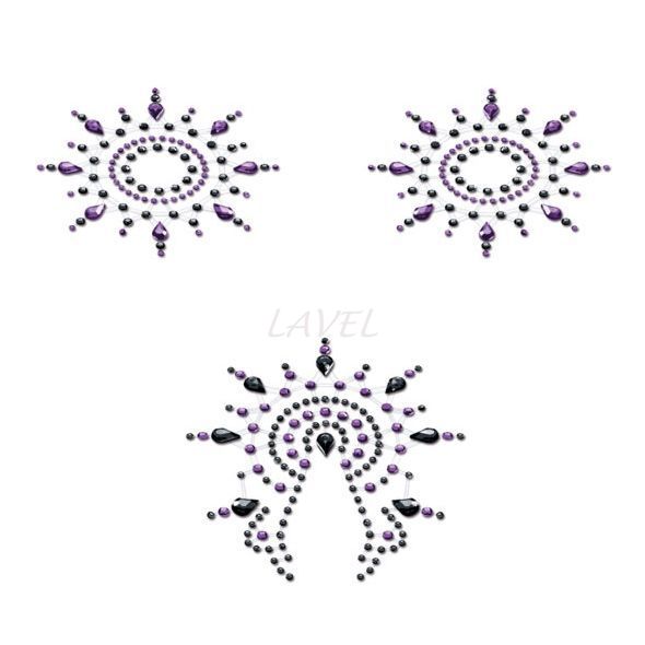 Пэстис из кристаллов Petits Joujoux Gloria set of 3 - Black/Purple, украшение на грудь и вульву SO3129 фото