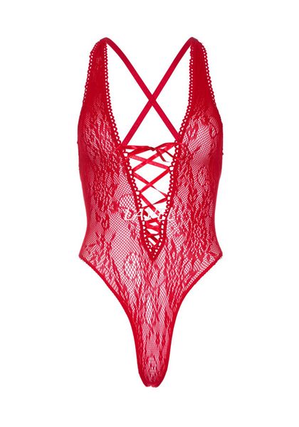 Кружевное боди Leg Avenue Floral lace thong teddy Red, шнуровка на груди, one size SO7964 фото