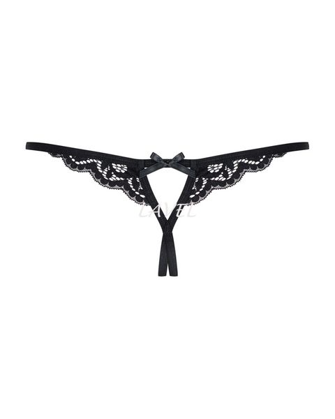 Кружевные танга с двумя отверстиями Obsessive 831-THC-1 crotchless thong S/M, черные, бантики SO7175 фото