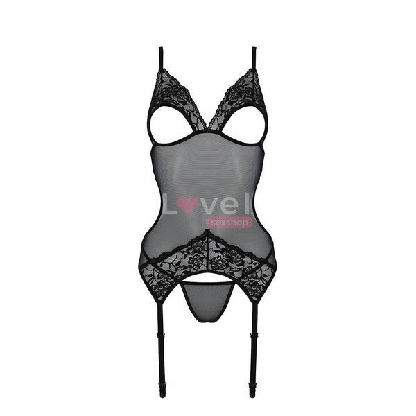 Корсет с подвязками и ажурным лифом Passion CHRISTA CORSET XXL/XXXL, black, стринги в комплекте SO5758 фото