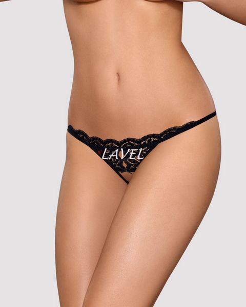 Кружевные танга с двумя отверстиями Obsessive 831-THC-1 crotchless thong L/XL, черные, бантики SO7176 фото