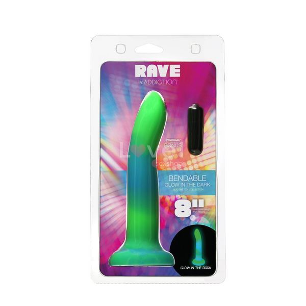 Фалоімітатор, що світиться в темряві, ADDICTION Rave 8&Prime;, Glow in the Dark Dildo Blue Green, 20,3 см SO6849 фото