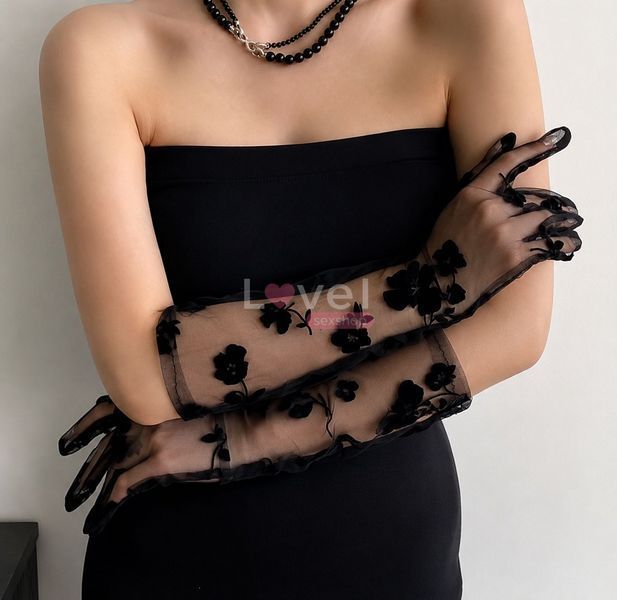 Прозрачные перчатки Victoria Midnight Bloom Gloves Black с велюровыми 3D-цветками, ONE SIZE TNS1069 фото