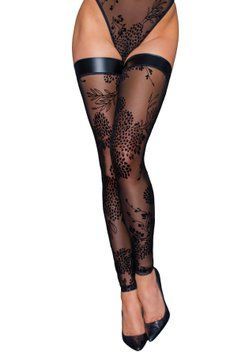 Панчохи без миска Noir Handmade F243 Tulle stockings with patterned flock embroidery, XL SX0158 фото