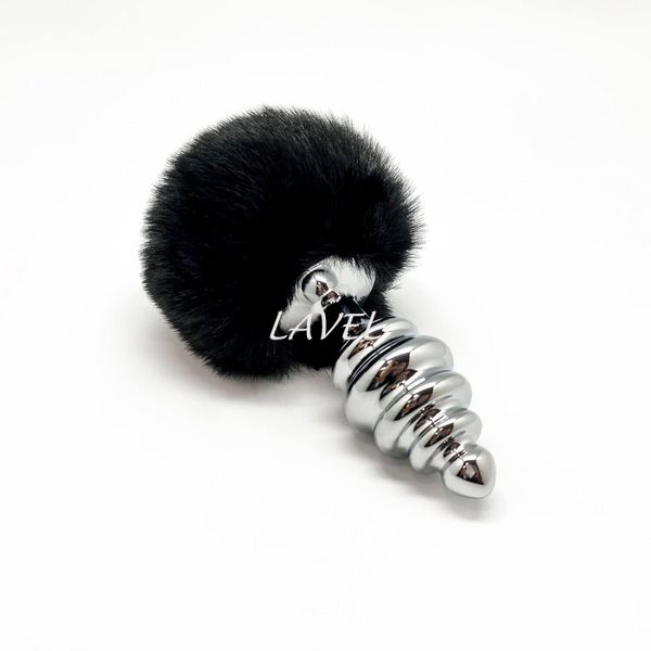 Металлическая анальная пробка Кроличий хвостик Alive Fluffy Twist Plug L Black, диаметр 3,8 см SO6311 фото