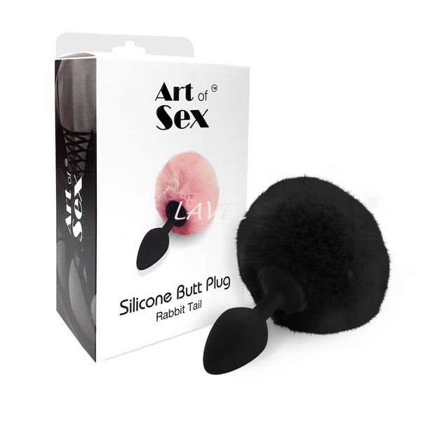 Силіконова анальна пробка М Art of Sex - Silicone Bunny Tails Butt plug Black, діаметр 3,5 см SO6694 фото