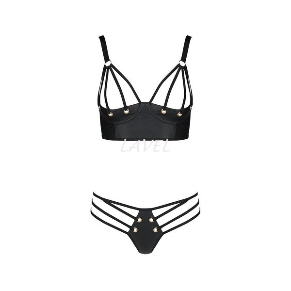 Комплект из эко-кожи с люверсами и ремешками Malwia Bikini black S/M — Passion, бра и трусики SO5763 фото