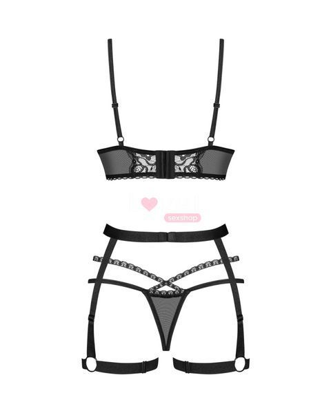 Комплект Obsessive Blomentis 3-pcs set, M/L, м&rsquo;який ліф, стрінги зі стрепами, пояс із гартерами SX1034 фото
