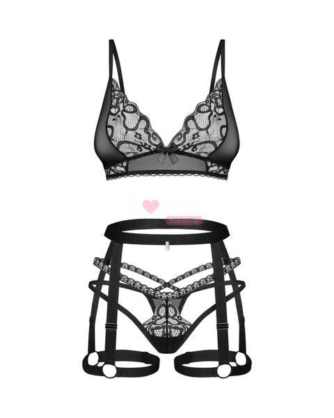 Комплект Obsessive Blomentis 3-pcs set, M/L, м&rsquo;який ліф, стрінги зі стрепами, пояс із гартерами SX1034 фото