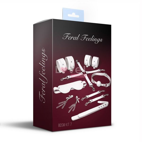 Набір Feral Feelings BDSM Kit 7 White, наручники, поножі, конектор, маска, падл, кляп, затискачі SX3982 фото