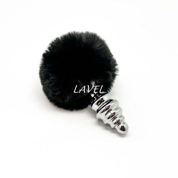 Металлическая анальная пробка Кроличий хвостик Alive Fluffy Twist Plug M Black, диаметр 3,4 см SO6309 фото