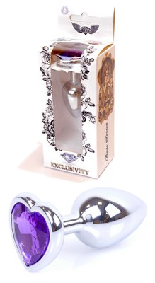 Анальная пробка металлическая с кристаллом сердце Jewellery SILVER, кристалл фиолет (дл 7см, ширина 2,7см) BS6400052 фото
