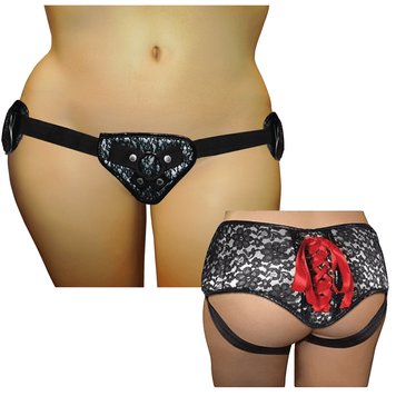 Труси для страпону Sportsheets - SizePlus Grey&Black Lace Corsette, широкий пояс, бант, мереживо SO2178 фото
