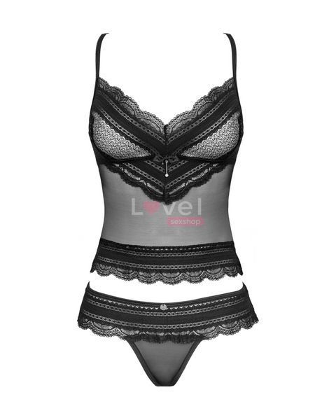 Полупрозрачный набор с украшениями Obsessive Ivannes top & thong 2XL/3XL, черный, топ и танга SO7285 фото