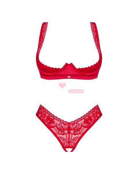 Комплект білизни Obsessive Lacelove cupless 2-pcs set XL/2XL Red, відкритий доступ, відкриті груди SO8654 фото