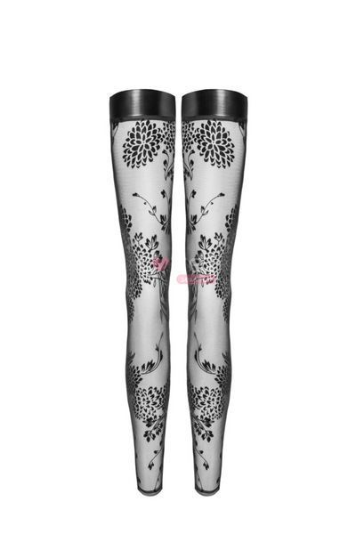 Панчохи без миска Noir Handmade F243 Tulle stockings with patterned flock embroidery, XXL SX0159 фото