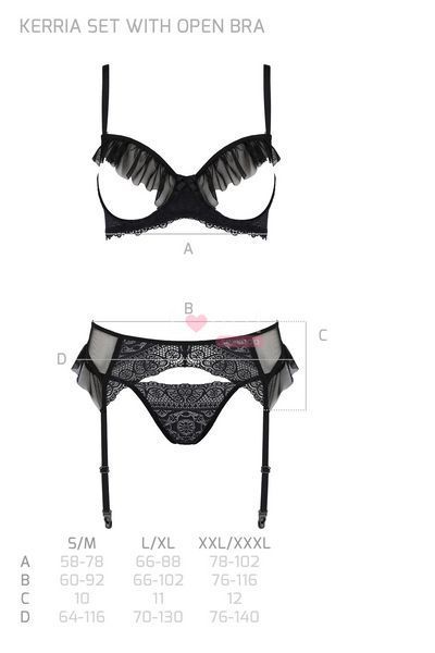 Комплект Passion KERRIA SET WITH OPEN BRA black, S/M, бюстгальтер з відкритою чашкою, стрінги, пояс для панчіх SX0495 фото