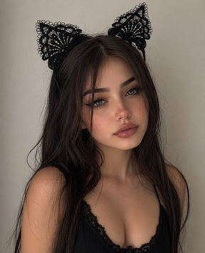 Мереживні котячі вушка Rebecca на металевому обручі, чорні TNS1377 фото