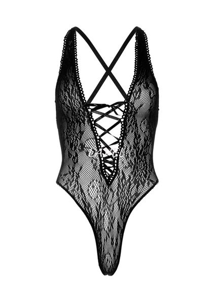 Кружевное боди Leg Avenue Floral lace thong teddy Black, шнуровка на груди, one size SO7902 фото