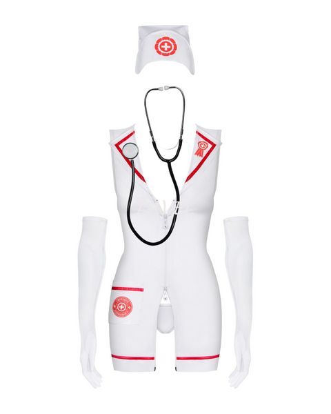 Эротический костюм медсестры Obsessive Emergency dress S/M, white, платье, стринги, перчатки, чепчик SO7704 фото