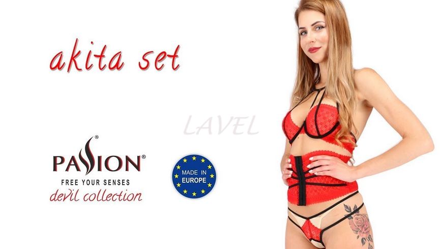Комплект белья AKITA SET red XXL/XXXL - Passion Exclusive: широкий пояс, лиф, стринги PS24206 фото