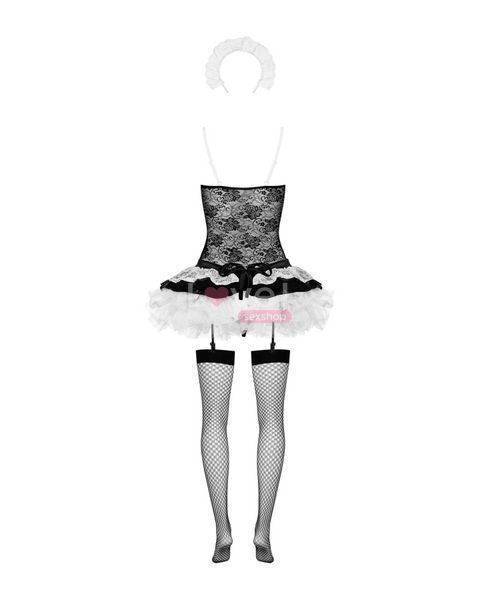 Эротический костюм горничной с юбкой Obsessive Housemaid 5 pcs costume S/M, black, топ, юбка, стринг SO7709 фото