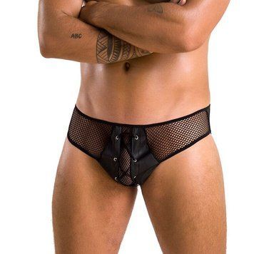 Чоловічі труси зі шнурівкою Passion 035 SLIP RICHARD S/M Black, екошкіра, сітка SO7577 фото