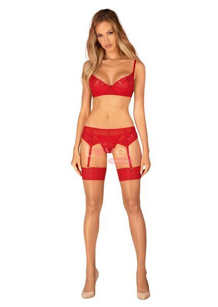 Комплект Obsessive Ingridia 3-pcs set XS/S, червоний, бюстгальтер, стрінги, пояс SO9034 фото