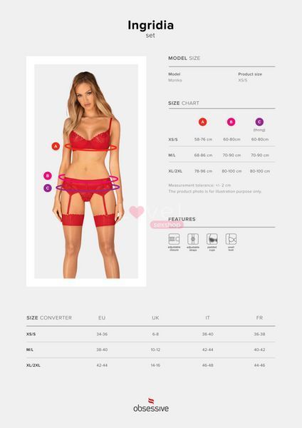 Комплект Obsessive Ingridia 3-pcs set XL/2XL, красный, бюстгальтер, стринги, пояс SO9035 фото