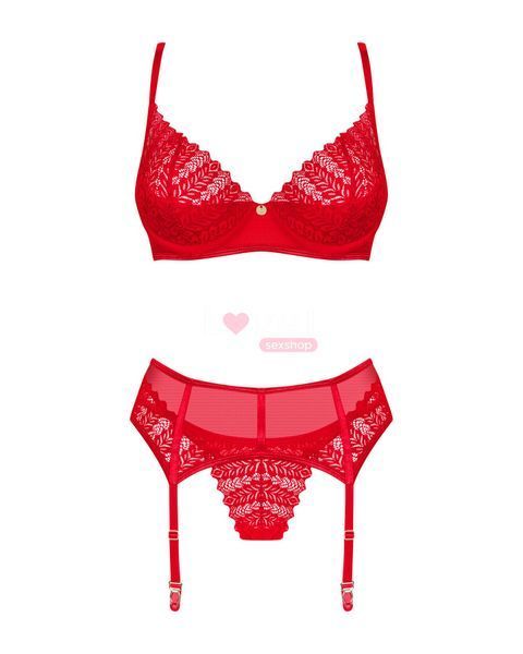 Комплект Obsessive Ingridia 3-pcs set XL/2XL, красный, бюстгальтер, стринги, пояс SO9035 фото