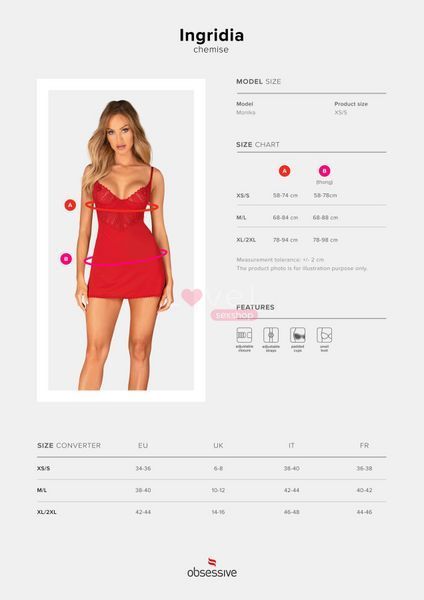 Пеньюар Obsessive Ingridia chemise & thong XL/2XL, красный, сорочка, стринги SO9038 фото
