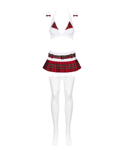 Эротический костюм школьницы с мини-юбкой Obsessive Schooly 5pcs costume L/XL бело-красный, топ, юбк SO7305 фото
