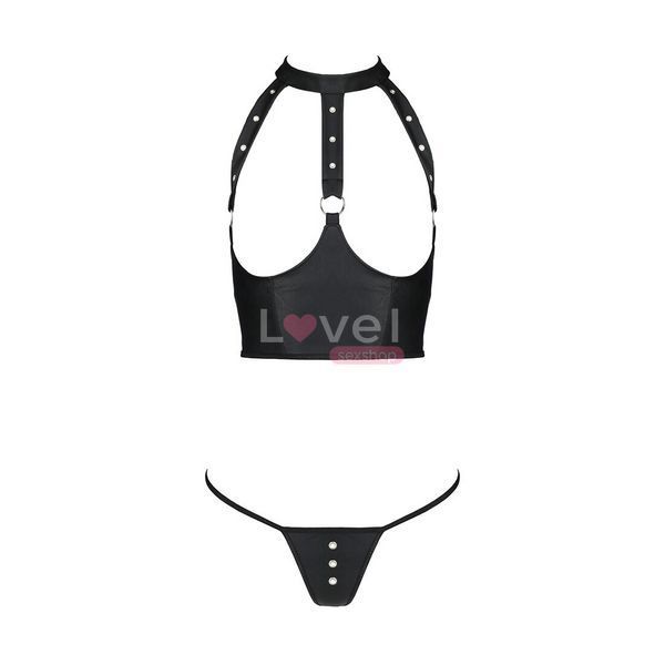 Комплект білизни з відкритими грудьми Passion GENEVIA SET WITH OPEN BRA L/XL black, корсет, стрінги SO8439 фото