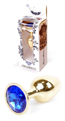 Анальна пробка металева з кристалом Boss - Jewellery Gold, кристал синій (дов 7см, ширина 2,7см) BS6400023 фото
