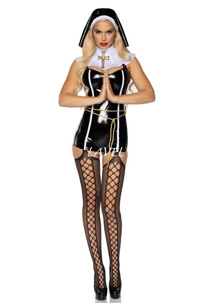 Виниловый костюм монашки Leg Avenue Sinful Sister L, комбинезон, воротник, пояс, головной убор SO7920 фото