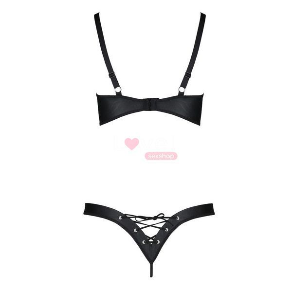 Комплект з екошкіри Passion CELINE BIKINI 6XL/7XL black, відкритий бра, стрінги зі шнурівкою SO7058 фото